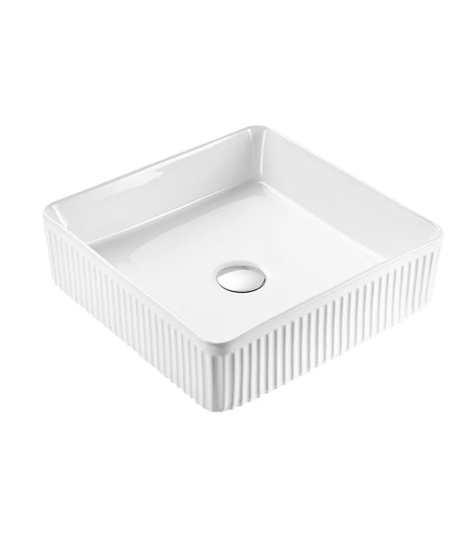 Vasque carrée cannelée en céramique blanche brillante Bellevue de 375X375X130  mm à poser au-dessus du comptoir